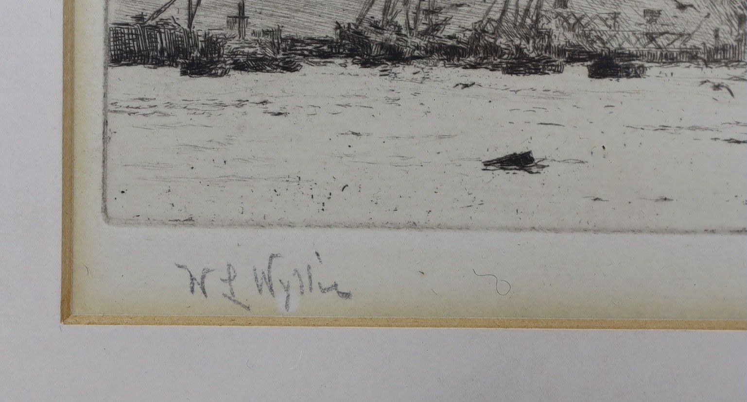 William Lionel Wyllie (1851-1931), drypoint etching, 'Unloading timber', signed in pencil, 11 x 33cm